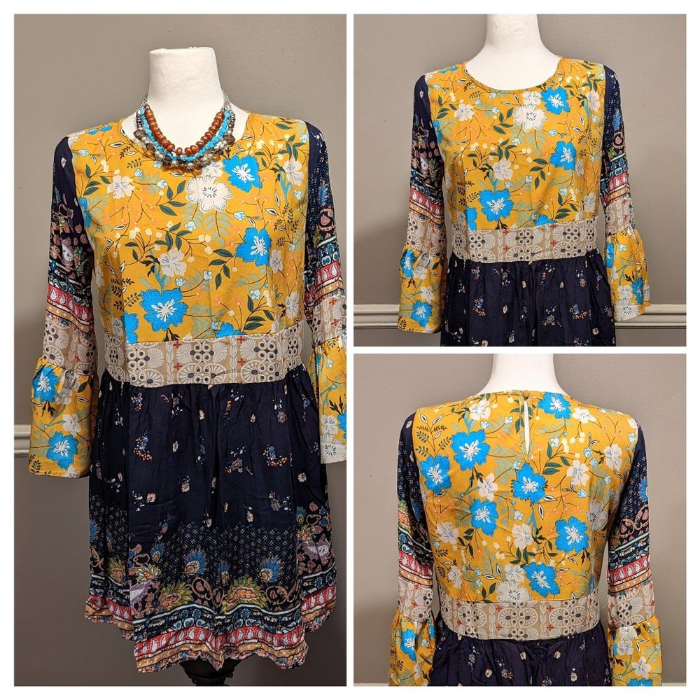 Umgee Yellow Blue Tan Green Multicolor Abstract Dress Size S